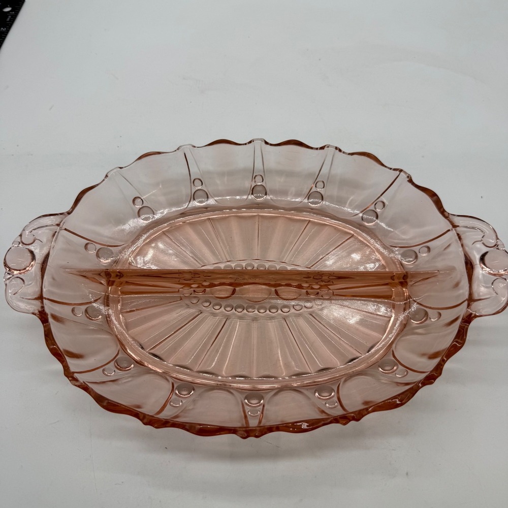 Vintage Pink Depression Glass Divided Relish Dish Scalloped Edge Beaded Sunburst